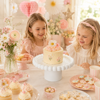 Taartplateau voor kinderfeestjes, bruiloften, babyshowers, lente, roze, blauw, wit, rond, plastic, voor fruit en desserts.