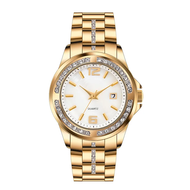 Classic Gold Diamond Inlay Ladies Quartz Watch Cheap Affordable Luxury Alloy Wristwatches