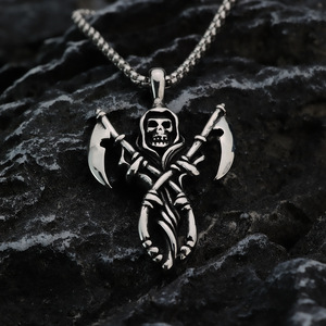 Pendentif squelette Grim Reaper en acier inoxydable, collier pour homme, style hip hop, chaîne de 60 cm, design géométrique, asymétrie, bijoux tendance - Product Image 1