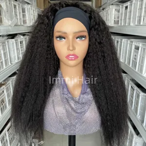 Ikat Kepala Wig Keriting Lurus Mesin Buatan Rambut Manusia Wig Rambut Brasil Virgin Mentah untuk Wanita Hitam Wig Rambut Keriting dengan Ikat Kepala