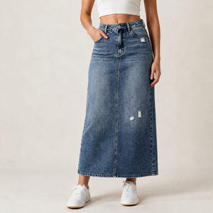<span class=keywords><strong>Jupe</strong></span> longue <span class=keywords><strong>en</strong></span> jean taille haute coupe trapèze pour femme, extensible, vêtement de mode, échantillon personnalisé, support OEM ODM, vente <span class=keywords><strong>en</strong></span> gros <span class=keywords><strong>en</strong></span> vrac - Product Image 1