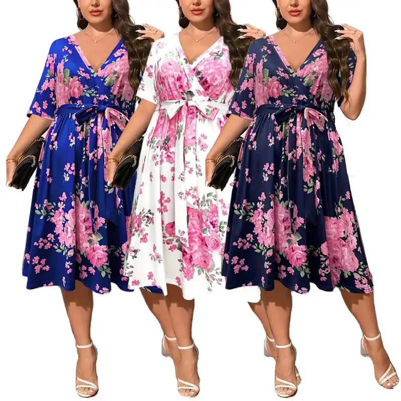 Wholesale Ladies Floral Print Vintage Dress Belt Women Spring long Sleeve Dresses Plus Size Casual Vestido