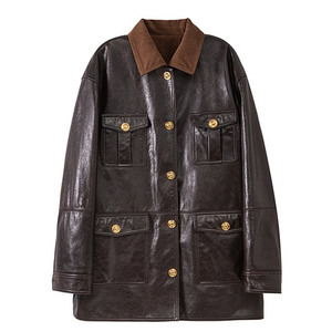Manteau en cuir à simple boutonnage et col de chemise vintage Veste en cuir de mouton à cordon de serrage pour femmes - Product Image 3