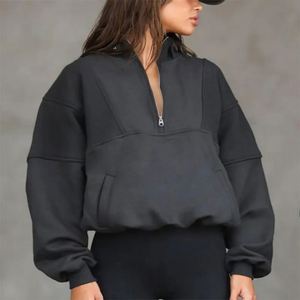 Pull molletonné pour femme à manches longues, coupe ample, style Hip Hop, en molleton bouclette beige uni, avec broderie printanière et col montant - Product Image 2