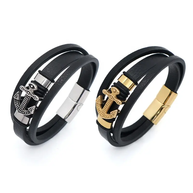 Newest Custom MultiLayer Gold Plated Stainless Steel Clasp Anchor Charm Leather Wrap Bangle Jewelry Men Black Leather Bracelet