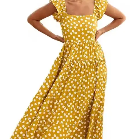 2024 אביב הוואי שמלת שמש בוהו מודפס אלמנט לוטוס שרוול חג סערה נקודת נדנדה שמלת אישה