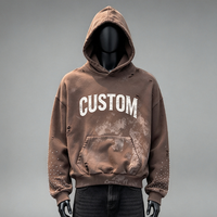 Sweat à capuche personnalisé effet vieilli avec strass, haute qualité, 100% coton, streetwear délavé, coupe ample et courte pour homme, épais