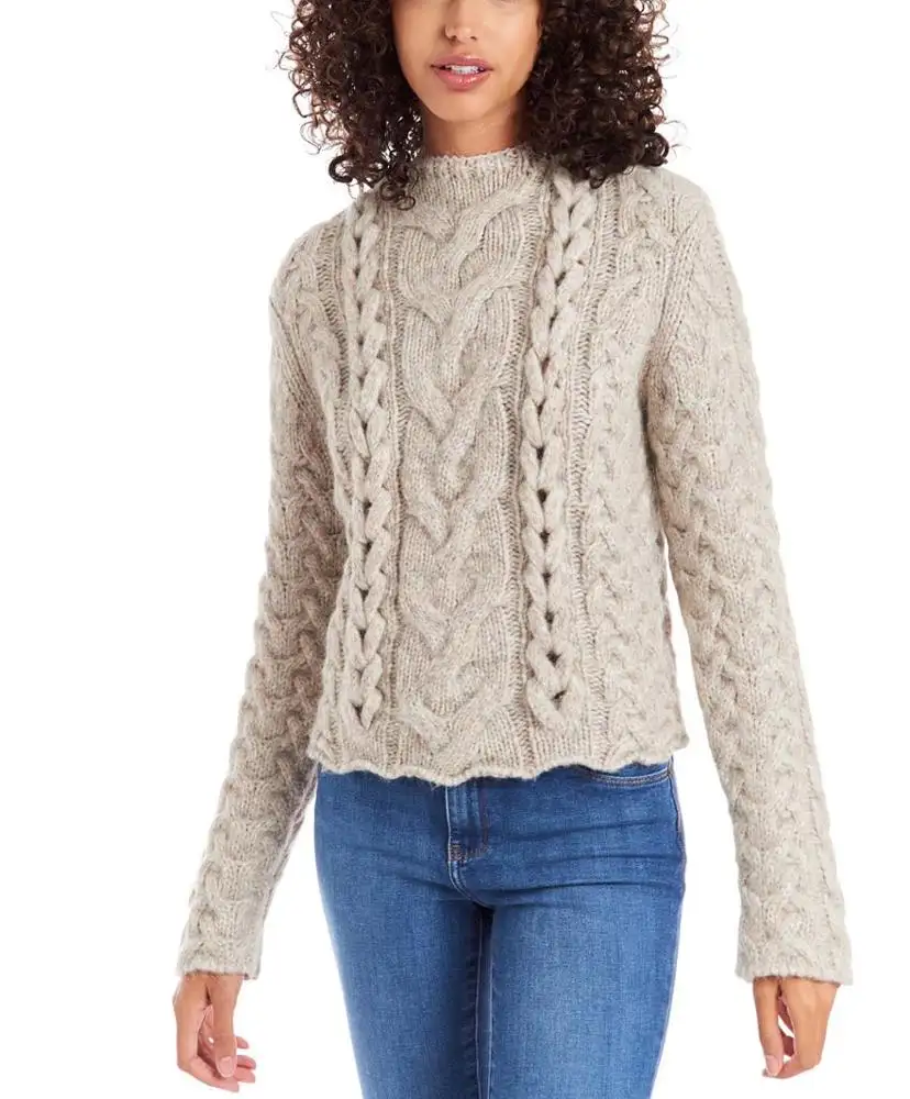 53% lana 17% Alpaca 30% poliamida cuello redondo Cable grueso tejido suéter de lana para mujer