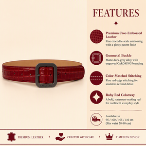 Cinturón de Cuero Genuino Personalizado Carosung para Hombre y Mujer, Color <span class=keywords><strong>Rojo</strong></span> Rubí con Grabado de Cocodrilo y Hebilla de Metal - Product Image 5
