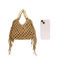 Sac à main bohème en macramé tissé à la main, respirant, avec poignée en perles de bois et pompon, maille ajourée, pour femme, plage, vacances, usage quotidien