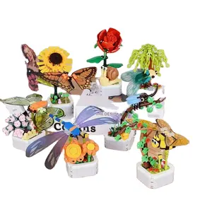 مجموعة مكعبات بناء زهور لعبة تجميع بلاستيكية لعبة زهور للأطفال DIY زهرة فراشة اليعسوب الحشرات