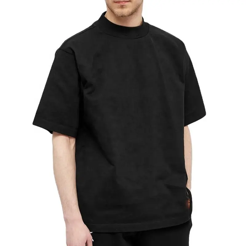 프리미엄 헤비 웨이트 티 두꺼운 코튼 티셔츠 하이 칼라 크고 키 큰 핏 모의 목 블랙 T 셔츠