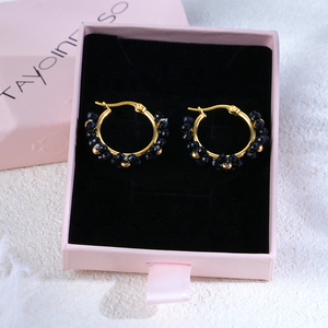 Boucles d'oreilles créoles plaquées or avec motif floral en cristal noir, bijoux de fête pour femmes - Product Image 6