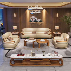 Lujoso juego de sofás de cuero para sala de estar, muebles ligeros de lujo, chapa de madera Wujin 1 + 2 + 3, juego de sofás, muebles - Product Image 2