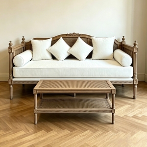 Wholesale French Vintage Solid Wood <strong>Rattan</strong> <strong>Sofa</strong> Set, American Simple Couch Custom for Small Living Room Showroom Villa - Product Image 1