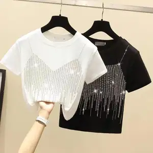 2023 Real Europeu bens cristal T-shirt mulheres emagrecimento Não-verdade dois suspensórios completo brilhante de manga curta em torno do pescoço top