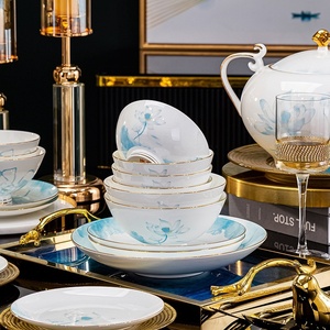 Vaisselle en céramique de Jingdezhen, service de table en porcelaine fine, motif lotus, pour hôtel, avec bord doré, bol, assiette, bol cadeau, baguettes, vente en gros - Product Image 3