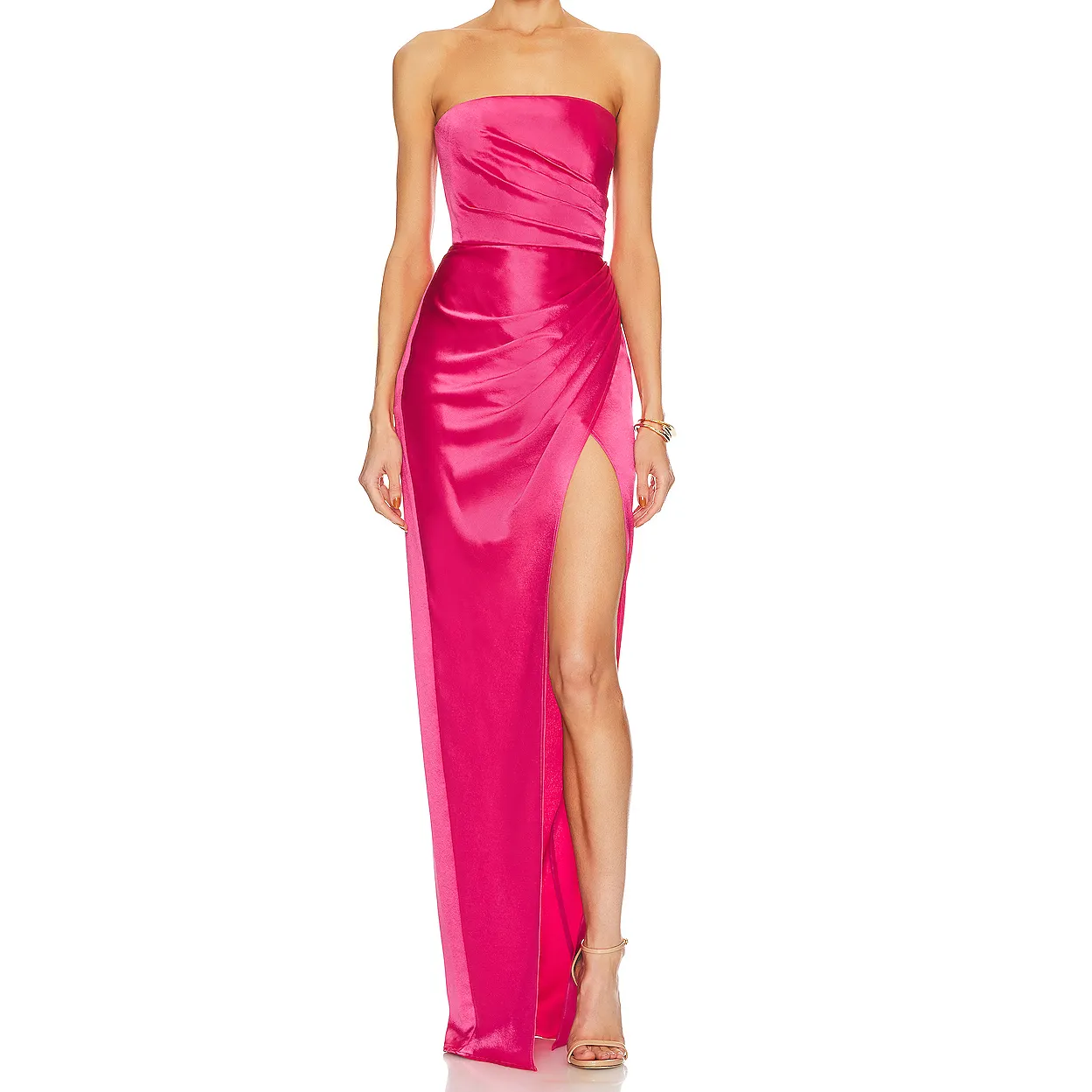 Women Custom Strapless Hot Pink Fitted Bodycon Gown Classic Soft Silk Satin Sexy Front Slit Evening Dress For Ladies