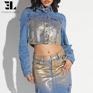 Giacca di Jeans da <span class=keywords><strong>Donna</strong></span> LARSUR Personalizzata di Fabbrica Cerata Laminata con Stampa Dorata Rivestita Stile Cowgirl <span class=keywords><strong>Bomber</strong></span> Corta a Maniche Lunghe - Product Image 5