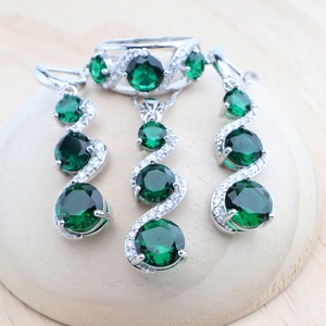 Conjunto de Joyas de Plata de Ley 925 con Esmeralda Verde para Mujer, Aretes, Anillo, Pulsera, Collar con Colgante de Circonita para Novia - Product Image 3