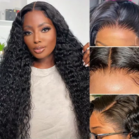 Perruques frontales sans colle en dentelle HD 13x6, style Water Wave, en cheveux vierges brésiliens bouclés et ondulés effet mouillé, noir naturel, densité 200%, longues