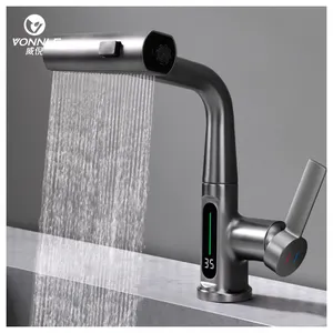 Chinese High Quality Modern Smart Bathroom Pull Out Brass Rotating Faucet Hot And Cold Water