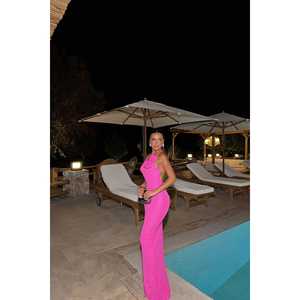 Robe de bal rose fuchsia avec détails, col montant, longue, ornée de sequins et de perles, en polyester naturel, taille XS pour femmes - Product Image 6