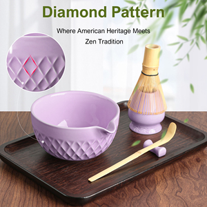 Classic 7pc Ceramic Bowl Bamboo Whisk <b>Tea</b> Scoop Porcelain Pottery Traditional Japanese Rhombus Bowl 7pc Matcha <b>Set</b> - Product Image 4