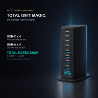 Chargeur USB C GaN 520W, Hub de bureau 8 ports, 4C PD100W 4A QC30W, Affichage intelligent, Charge rapide pour ordinateur portable, UKCA