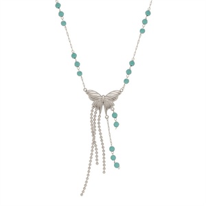 Vintage Jewelry Necklace Stainless Steel <b>Blue</b> <b>Beads</b> Link Chain butterfly Charm Tassel Necklace - Product Image 1