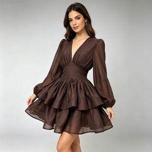 Robes minimalistes unies à col en V et manches longues, élégantes, cintrées, avec patchwork et plis, coupe trapèze, pour <span class=keywords><strong>femme</strong></span> - Product Image 5