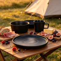 Vente en gros usine : Service de table en grès noir de 16 pièces avec kit de tasses, design mat européen moderne, peint à la main, compatible lave-vaisselle