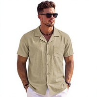Chemises à manches courtes en lin/coton à col cubain pour hommes, style sportif uni, coupe ample, pour le printemps et les vacances à la plage