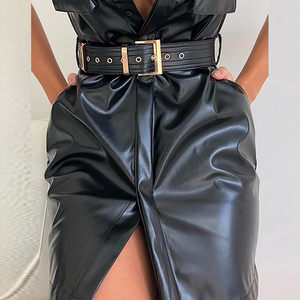 <strong>Women</strong> Black PU Short Sleeve Solid Turn-down <strong>Collar</strong> Pocket Design PU Shirt <strong>Dress</strong> with Belt Workwear Banquet Party - Product Image 5