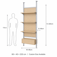 Rak Display Pegboard dari Lantai hingga Plafon dengan Rangka Aluminium Brushed, Rak Kayu yang Dapat Disesuaikan, dan Laci Penyimpanan