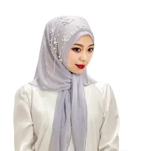 Crêpe Chiffon Instant Jersey Prins Bloemen Hijaabs Rop Islam Voor Moslim Vrouwen Malaysian Hijab Sjaal Met Kant