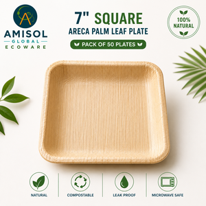 Plato Desechable Cuadrado de 7 Pulgadas para Ensalada, Hecho de Hoja de Palma Areca |   Plato de Catering Resistente, Compostable y Ecológico - Product Image 1