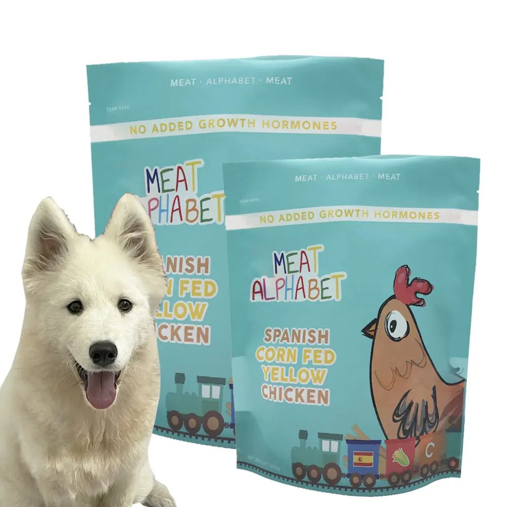 Saco de sacola com estampa de logotipo personalizada, bolsa recarregável para comida de animais de estimação, cachorro, frango, suporte no zíper
