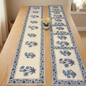 Classic <b>Blue</b> Hand Block Dining Table <b>Runner</b> + Mat Set | 7 Pcs 100% Canvas Cotton Fabric Table Decor Set for Home and Dining - Product Image 2