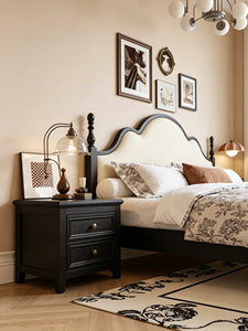 Premium Black Solid Wood <b>Bed</b> <b>Frame</b> French Vintage Wavy Upholstered Headboard Comfortable Bedroom Furniture Stable Home Wooden Do - Product Image 4