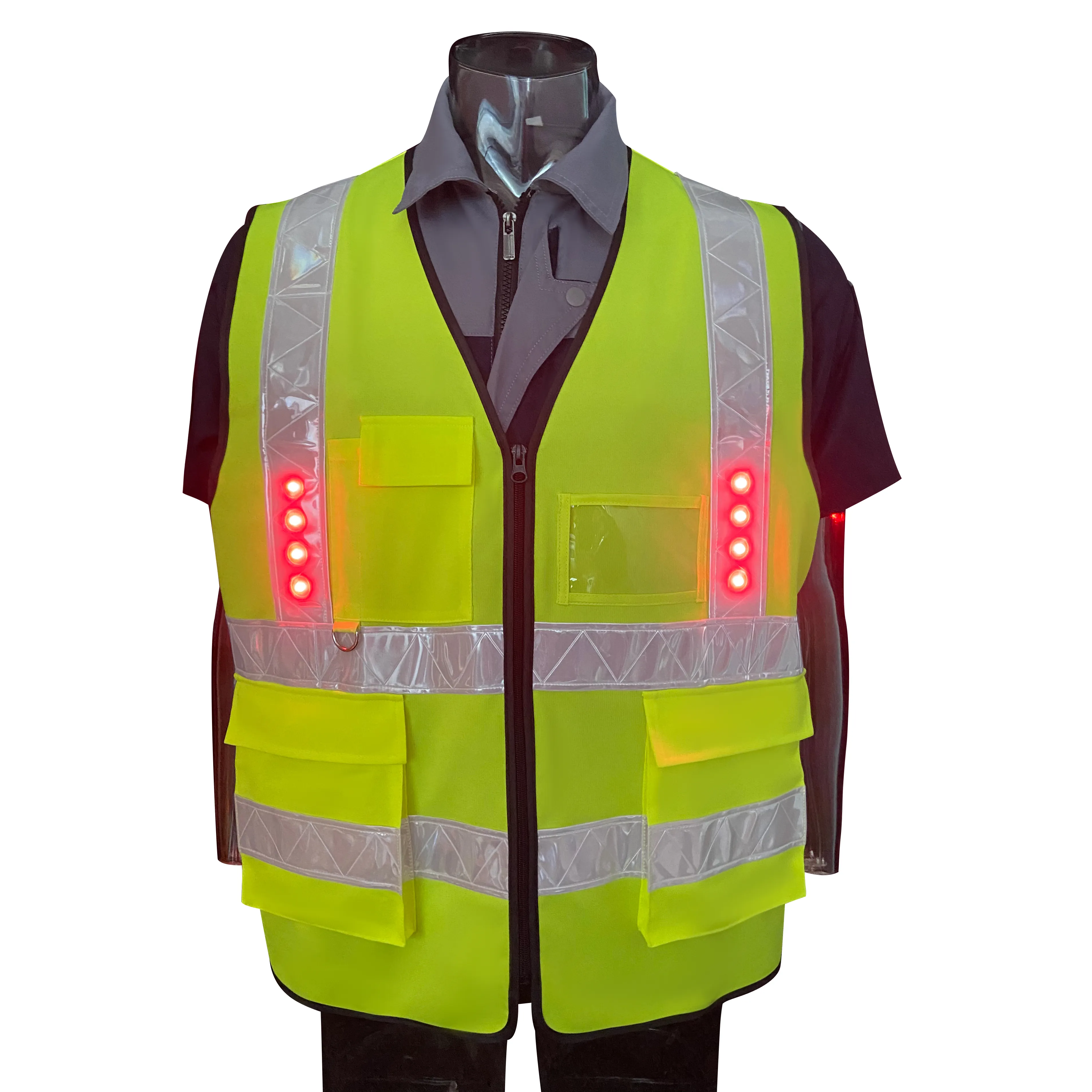 Manufacture LOGO light flash construction work wear safety jackets LED luminous reflective vest with pockets