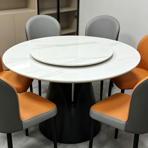 Modern Round Marble <b>Dining</b> Table <b>Set</b> with <b>6</b> PU <b>Leather</b> <b>Chairs</b> Rotatable Design Home Furniture - Product Image 2