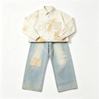 Chemise vintage délavée avec impression DTG Kornit, effet spray vieilli, streetwear, patchwork délavé soleil, motif soleil, boutonnée
