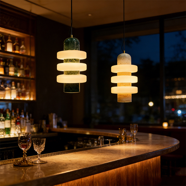Luxury Creative Bar Natural Stone Cylinder Pendant Light Hotel Home Decorative Round Glass Lampshade Stone Pendant Lamp