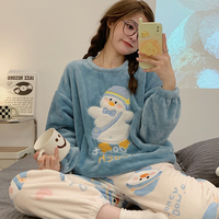 Ensemble de pyjamas en flanelle d'hiver pour femmes vêtements de maison d'étudiants chauds épaissis avec fermeture à la taille élastique nouveau design de dessin animé pour les filles