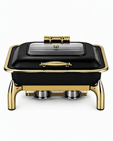 KUNTAI Réchaud de buffet rectangulaire de luxe noir/doré en acier inoxydable martelé, alimenté à l'alcool, 9L, chauffe-plat hydraulique 85-100°C