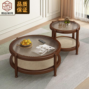Rushan Furniture Solid Wood Rattan Glass <b>Coffee</b> <b>Table</b> Round Living Room <b>Small</b> Apartment Tea <b>Table</b> With Storage Walnut Color - Product Image 1