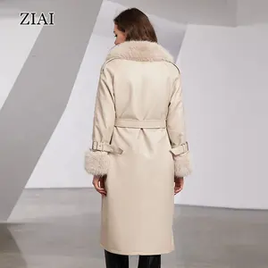 New Stock Double Breast Women Fur Coats Jackets Winter Long Coats Fashionable Trendy Fur Trimmed Leather Women Pu Coats