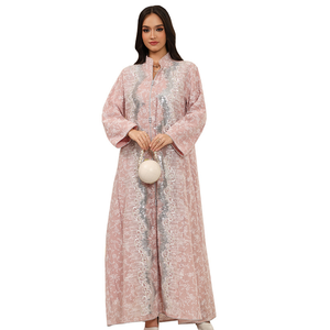 <strong>Zip</strong> Front Stand Collar Sequin Floral Print Abaya, Loose Wide Sleeve Muslim Maxi Dress Women Ethnic Long Kaftan <strong>Gown</strong> - Product Image 1