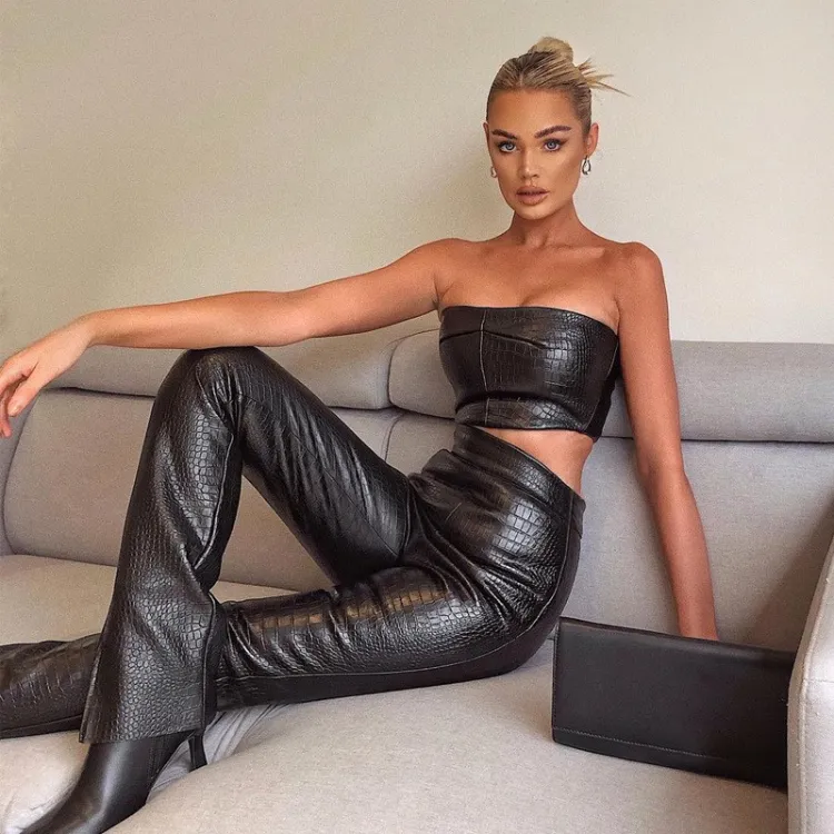 Enyami Instock Club Wear Tube Top PU 2 Piece Suit Women Clothing Sleeveless Off Shoulder Top Leather Pants Sexy Co Ord Set